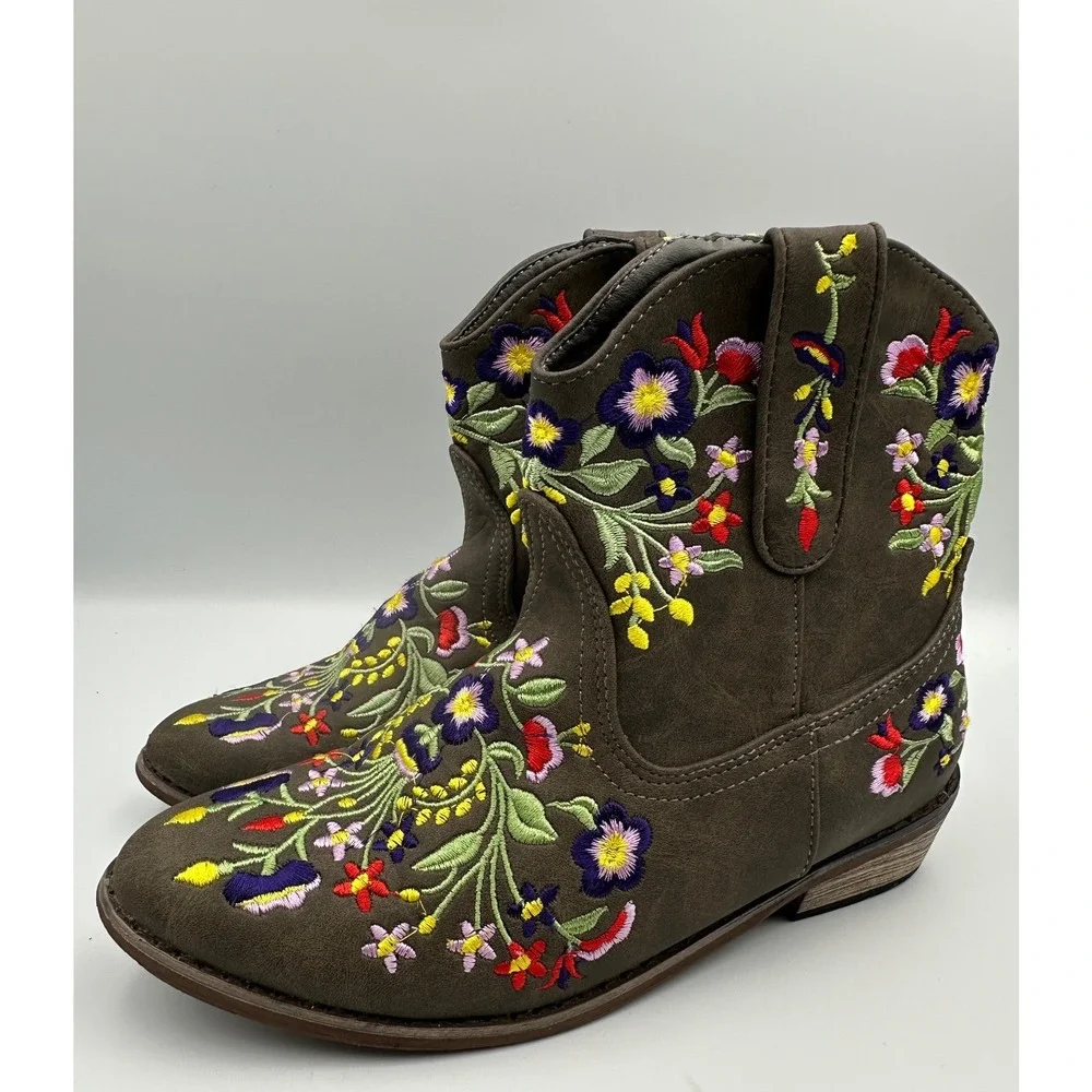 Betseyville Reece Floral Embroidered Cowboy Boots Youth Girls Sz 3 Stone Vibrant